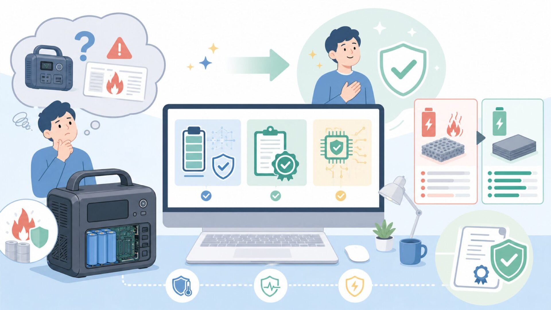 Anker製品の安全性を支える技術的な裏付けを表すイラスト