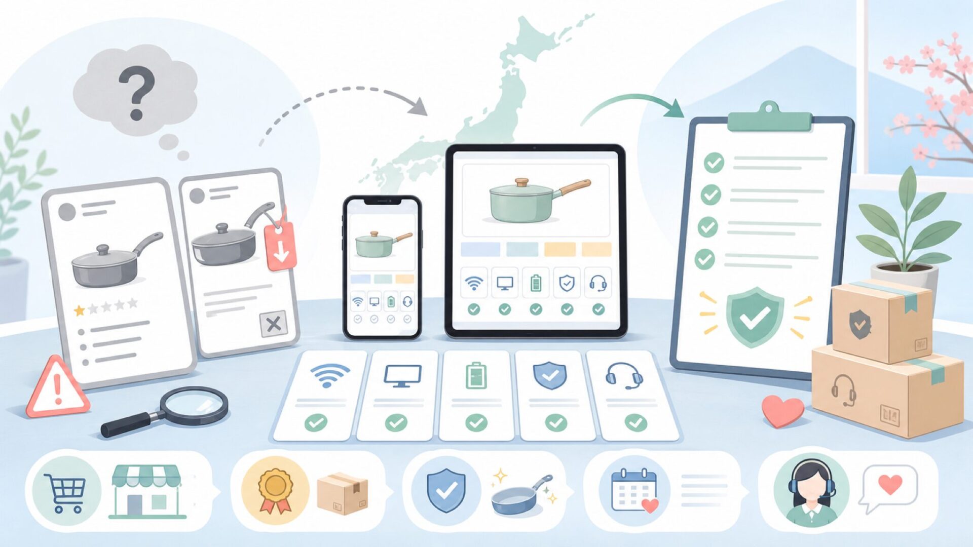 日本でSENSARTEを安心して買うためのチェックリストを表すイラスト