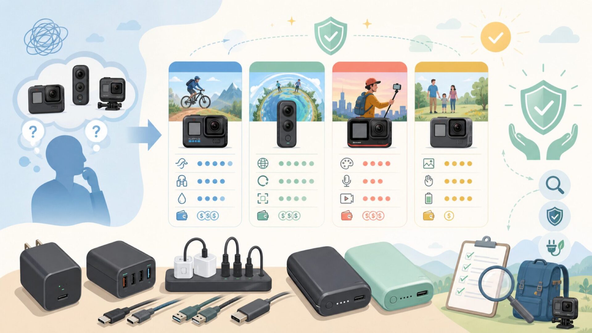 GoPro・Insta360・DJI Osmoとの違いと使い分けを表すイラスト