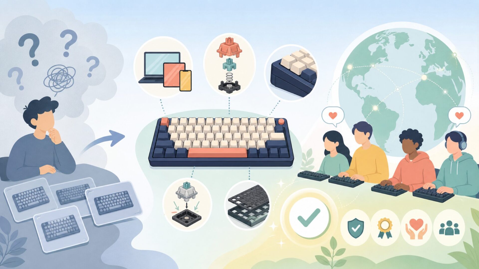 Keychron というブランドが世界で支持される理由を表すイラスト