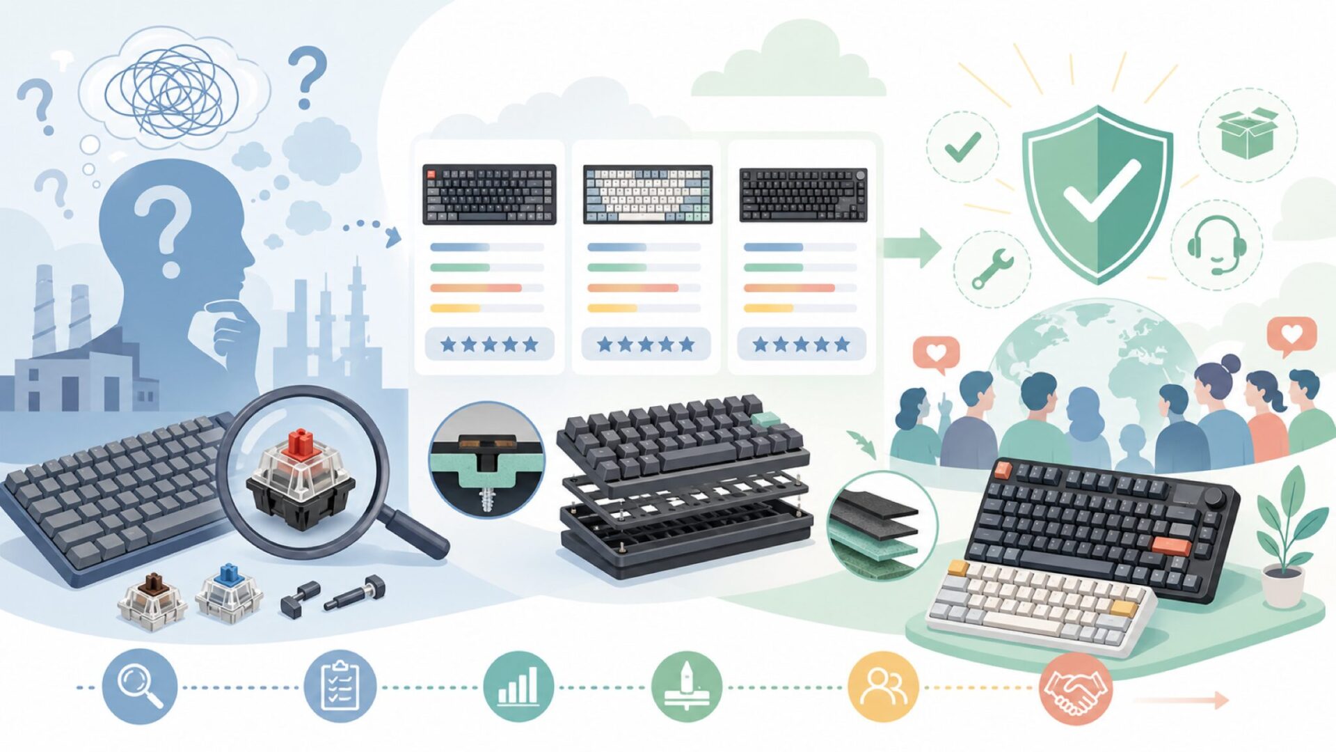 Keychron の品質と中華系メーカーへの先入観を表すイラスト