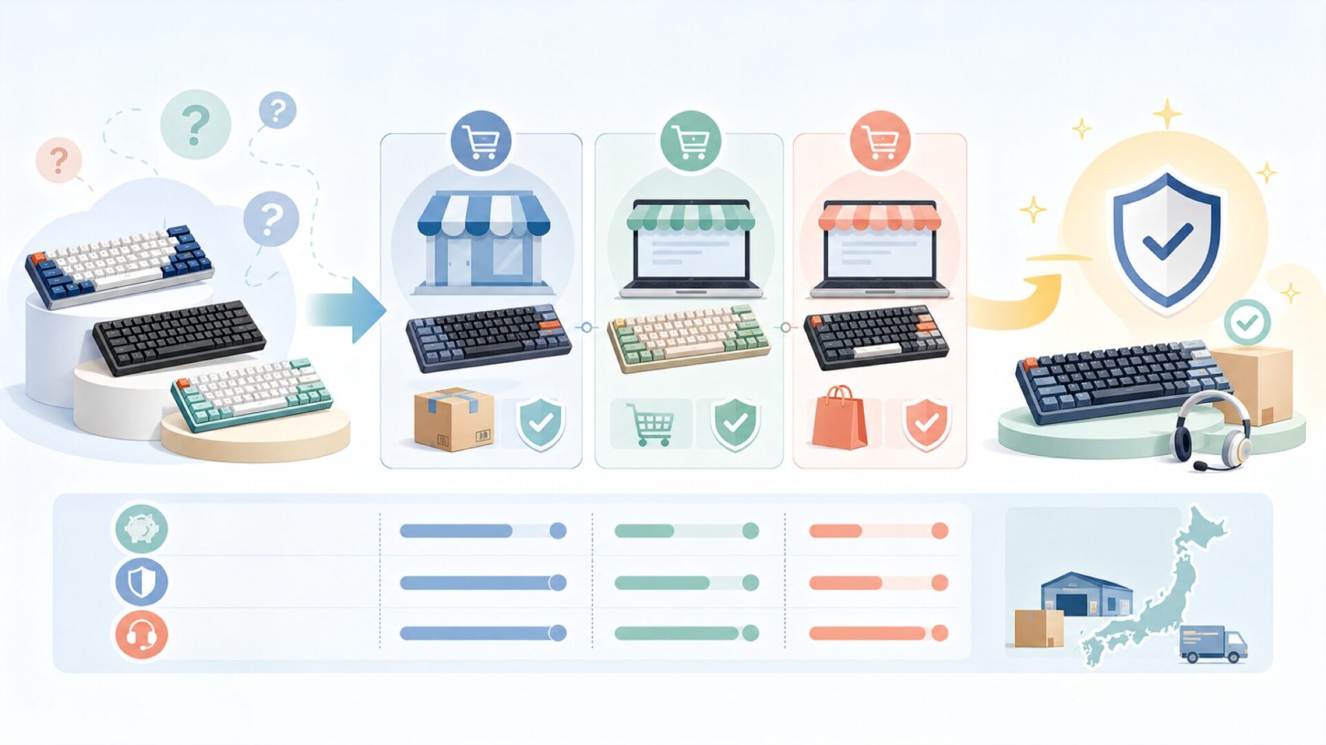 日本で Keychron を安心して買える購入ルートを表すイラスト