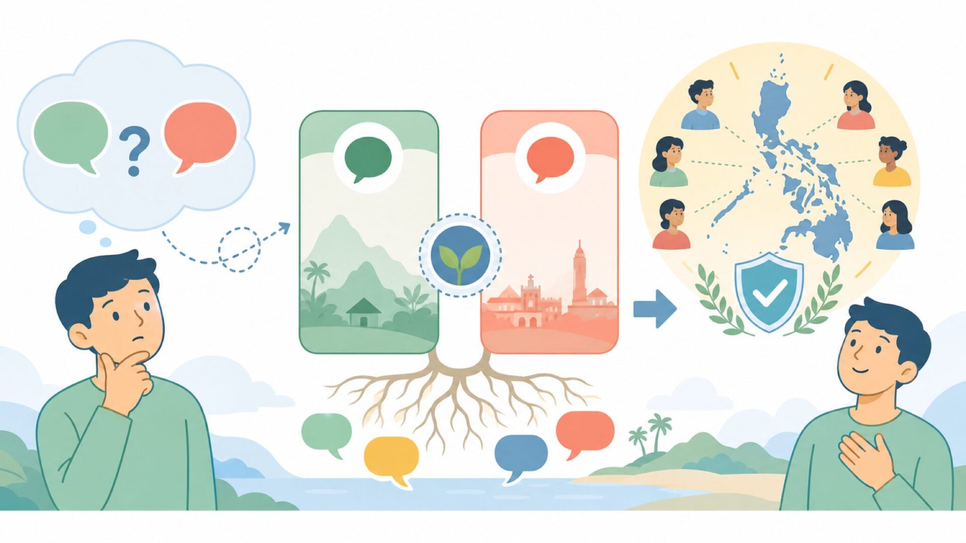 「タガログ語」と「フィリピン語」は何が違うのかを表すイラスト