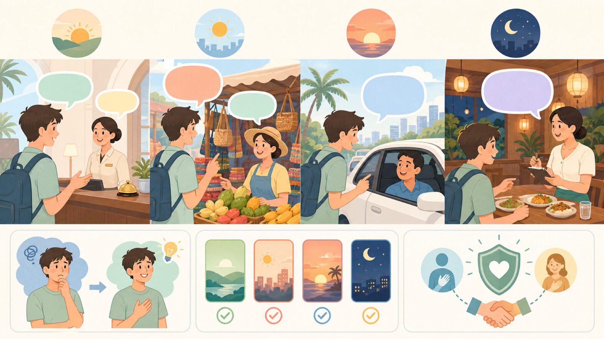 フィリピン旅行で使えるタガログ語あいさつ・基本フレーズを表すイラスト