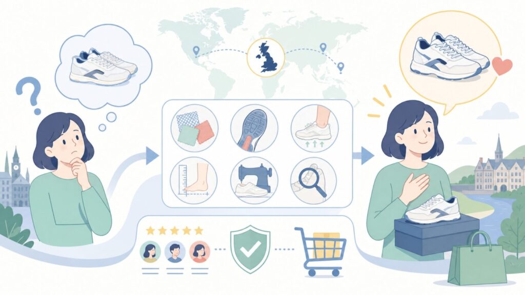 リーボックはどこの国？イギリス発祥の理由とブランドの歴史を徹底解説の要点を表すイラスト