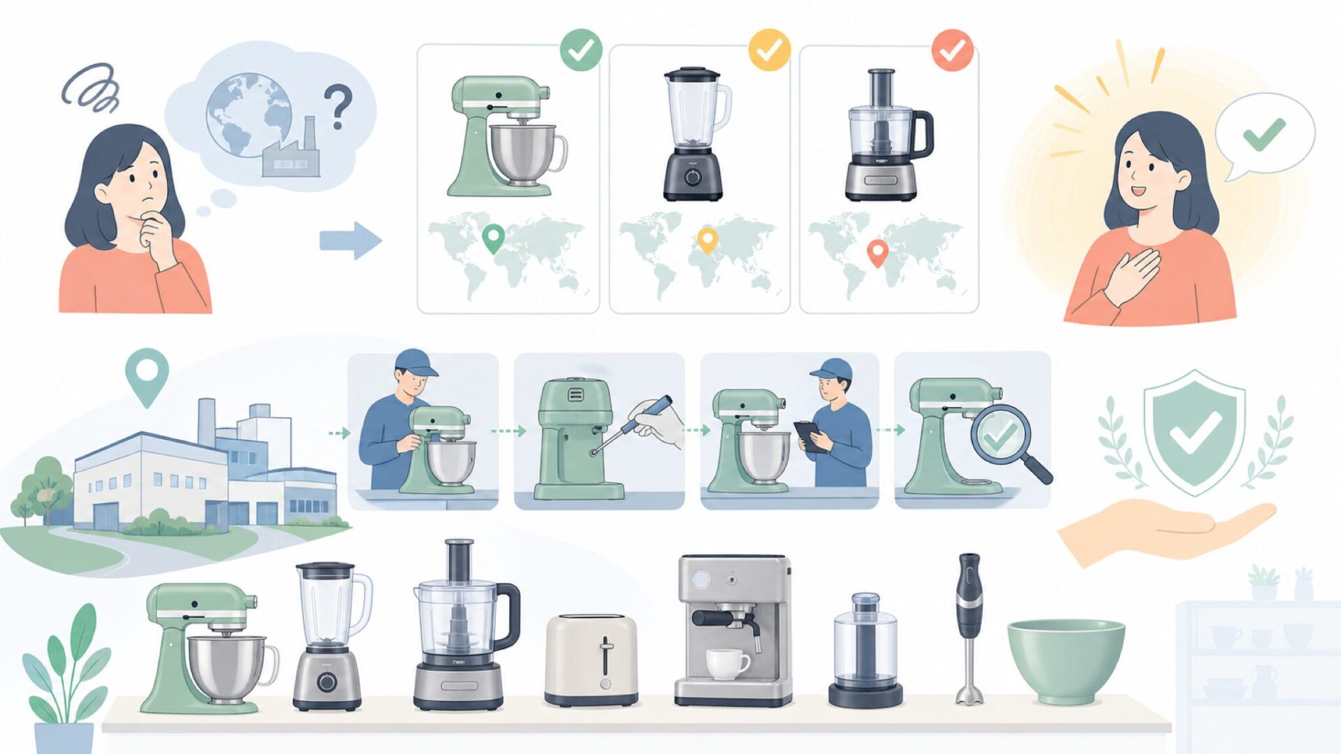 KitchenAidの製造国を製品ラインごとに確認するを表すイラスト