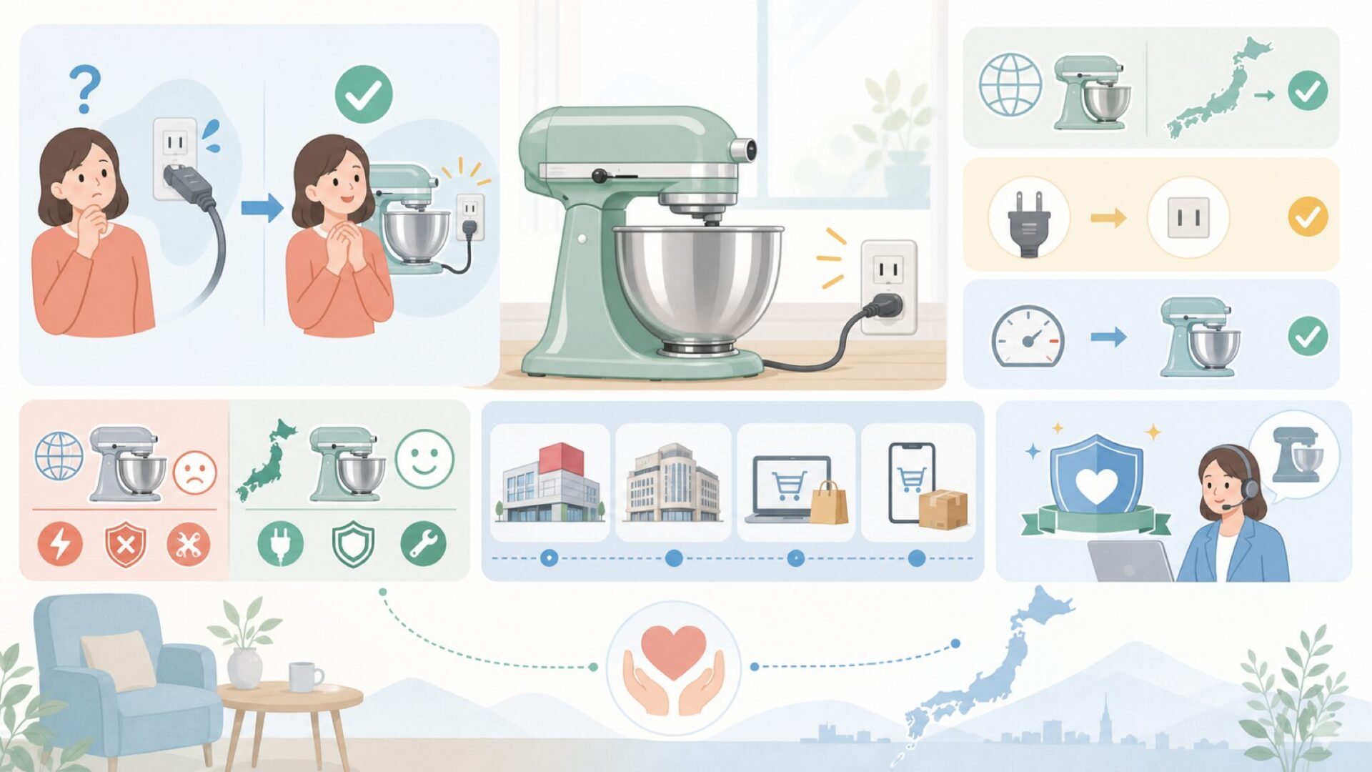 日本でKitchenAidを使う際に知っておきたいことを表すイラスト