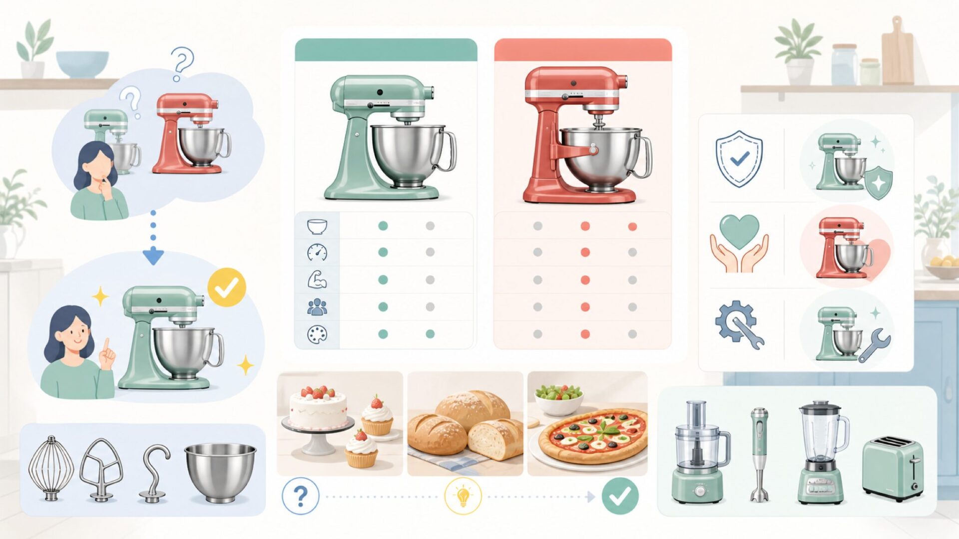 KitchenAidの代表的な製品と選び方を表すイラスト