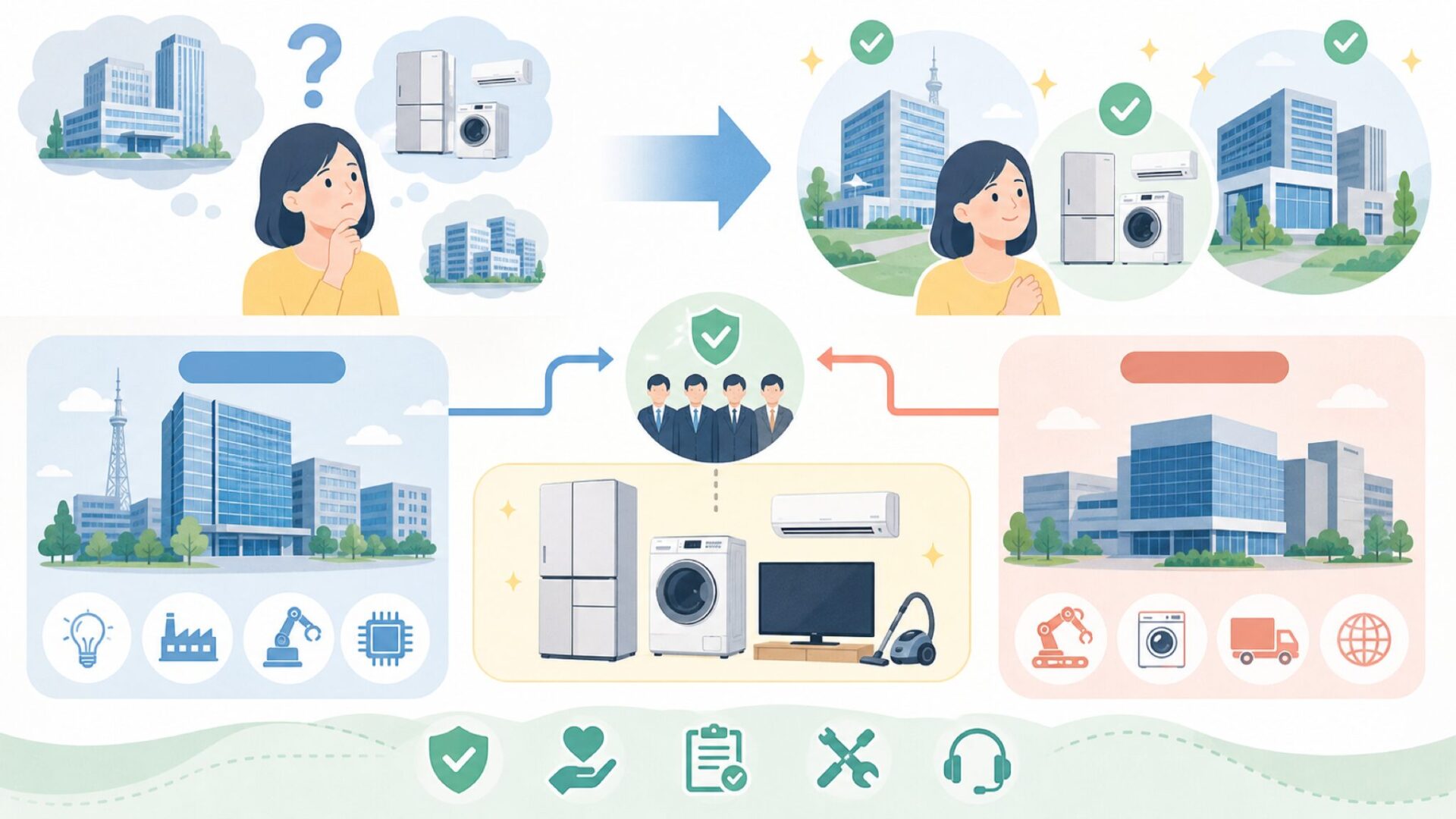 東芝はどこの国のブランド？本体と家電部門で答えが違うを表すイラスト