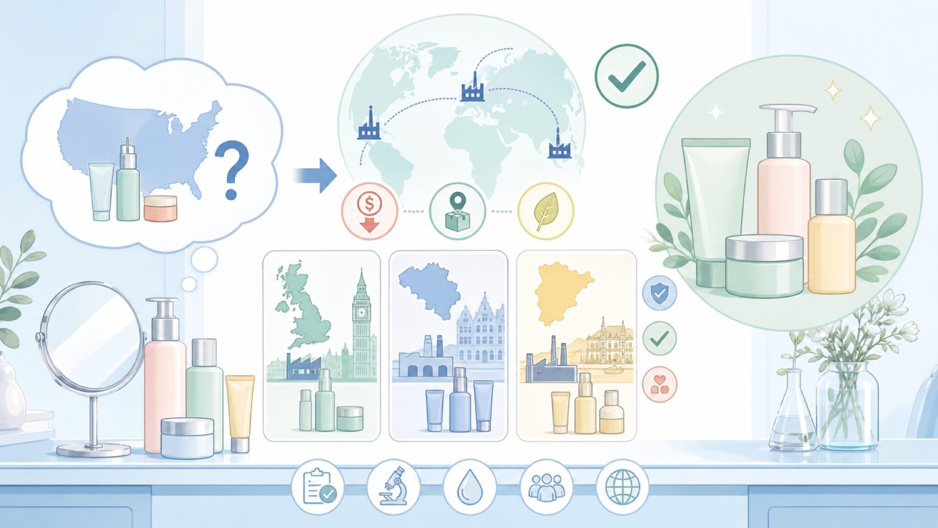 クリニークの製造国はどこ？「アメリカブランド」なのに違う国の理由を表すイラスト