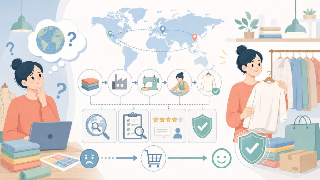 ユニクロはどこの国の会社？「中国製」との関係と品質の真実を解説の要点を表すイラスト