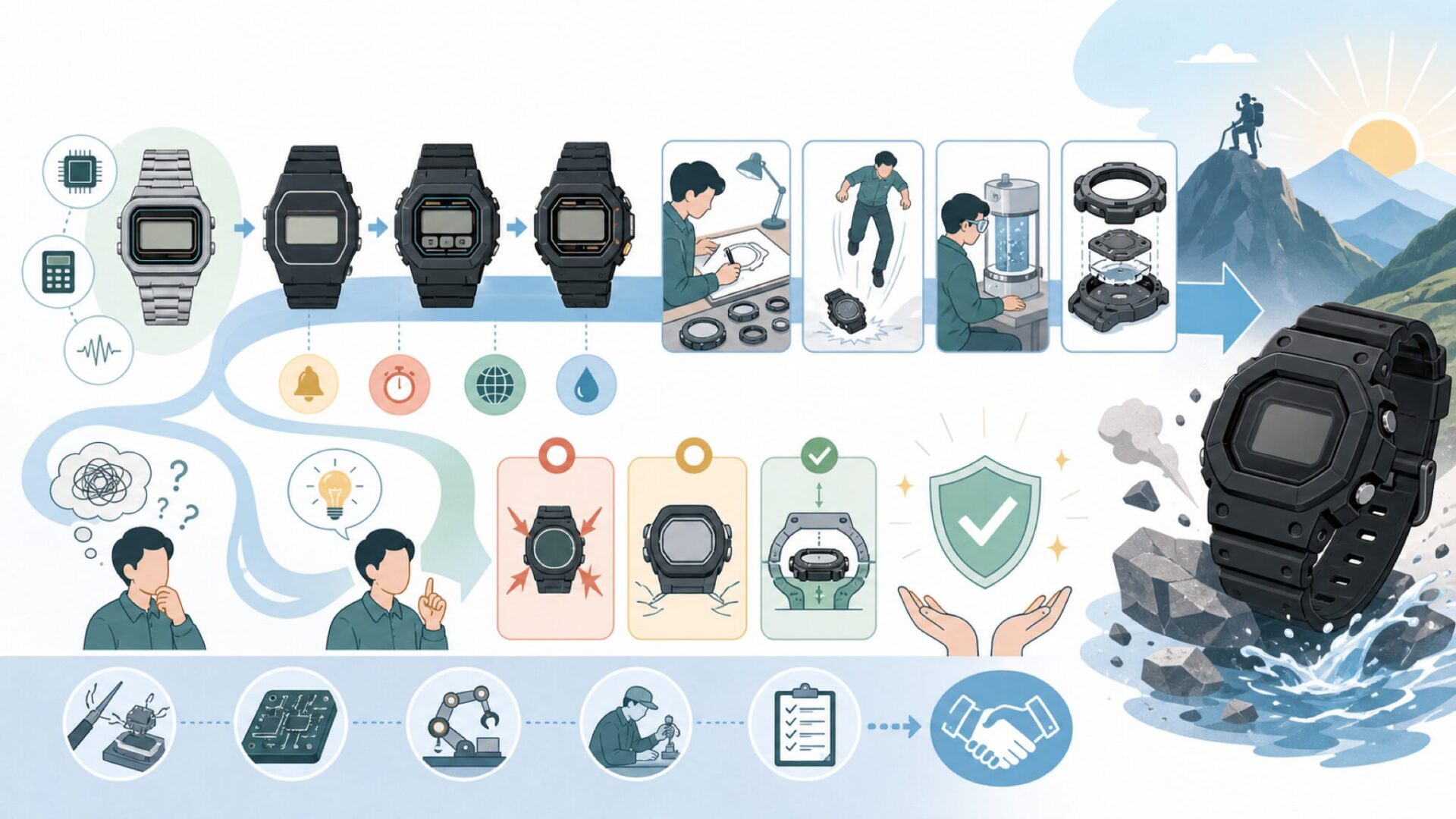 カシオの時計製造40年史——Gショックを生んだ技術力の底力を表すイラスト