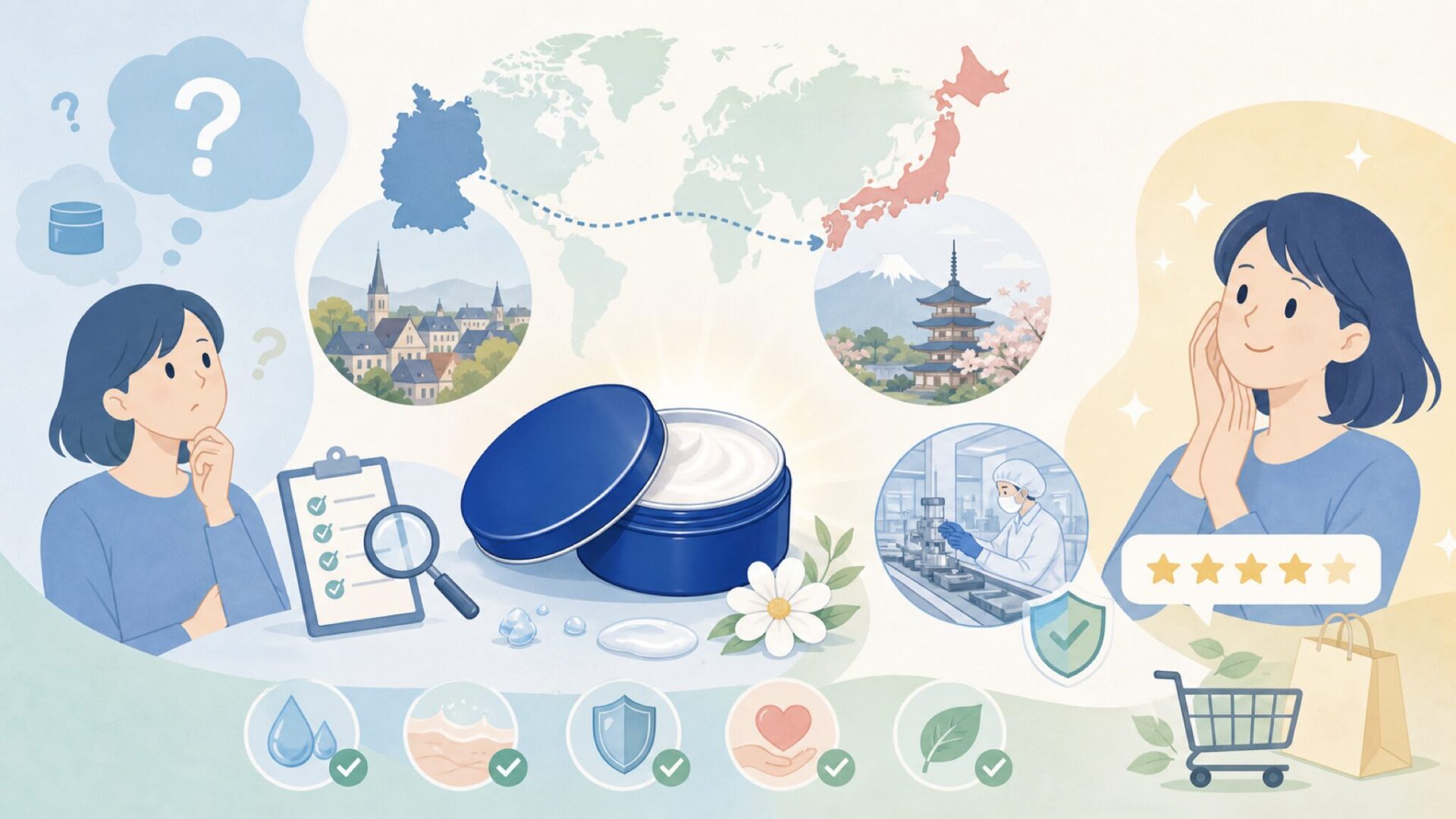 ニベアはどこの国のブランド？ドイツ発・Made in Japanの理由を徹底解説の要点を表すイラスト