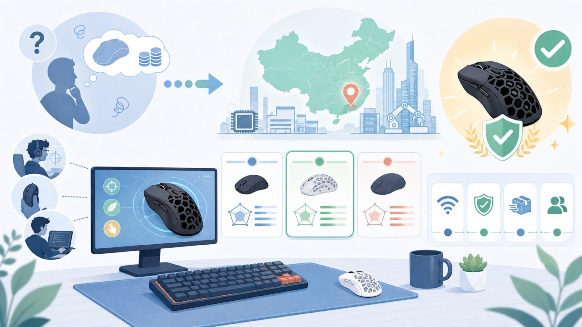 WLmouseはどの国のブランドか——中国発のゲーミングマウス専門メーカーを表すイラスト