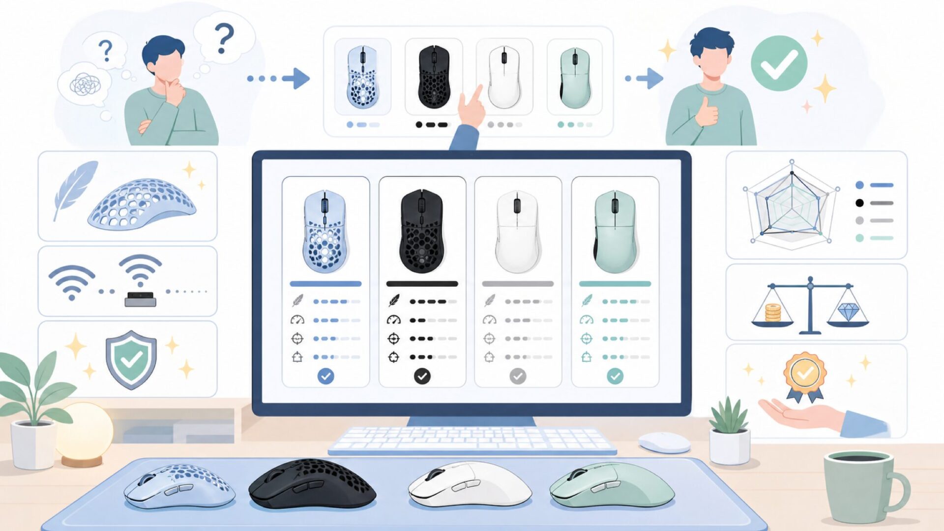 WLmouseのラインナップ全解説——4モデルの特徴と選び方を表すイラスト