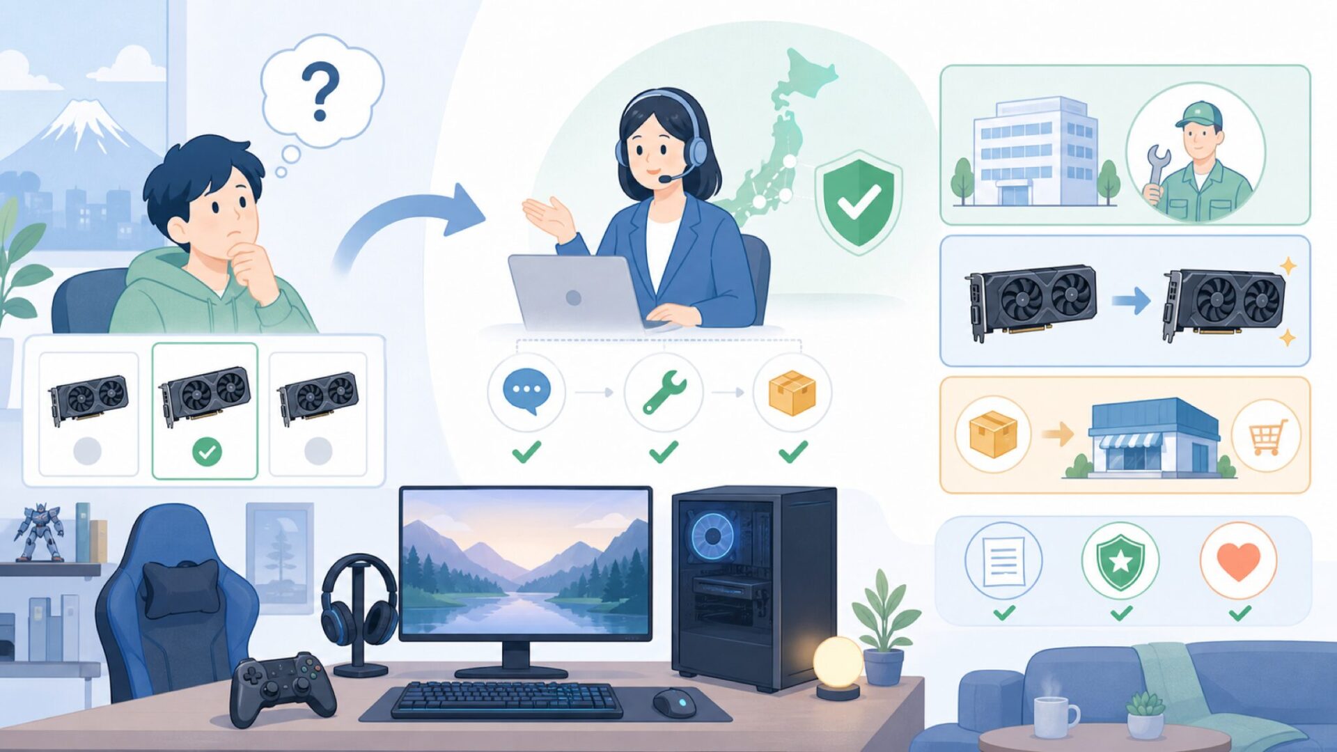 日本でGainwardを購入する際のサポート体制を表すイラスト