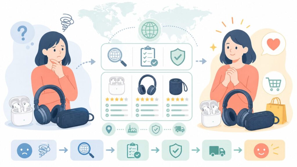 NiceHCKはどこの国のブランドか不安を解消の要点を表すイラスト
