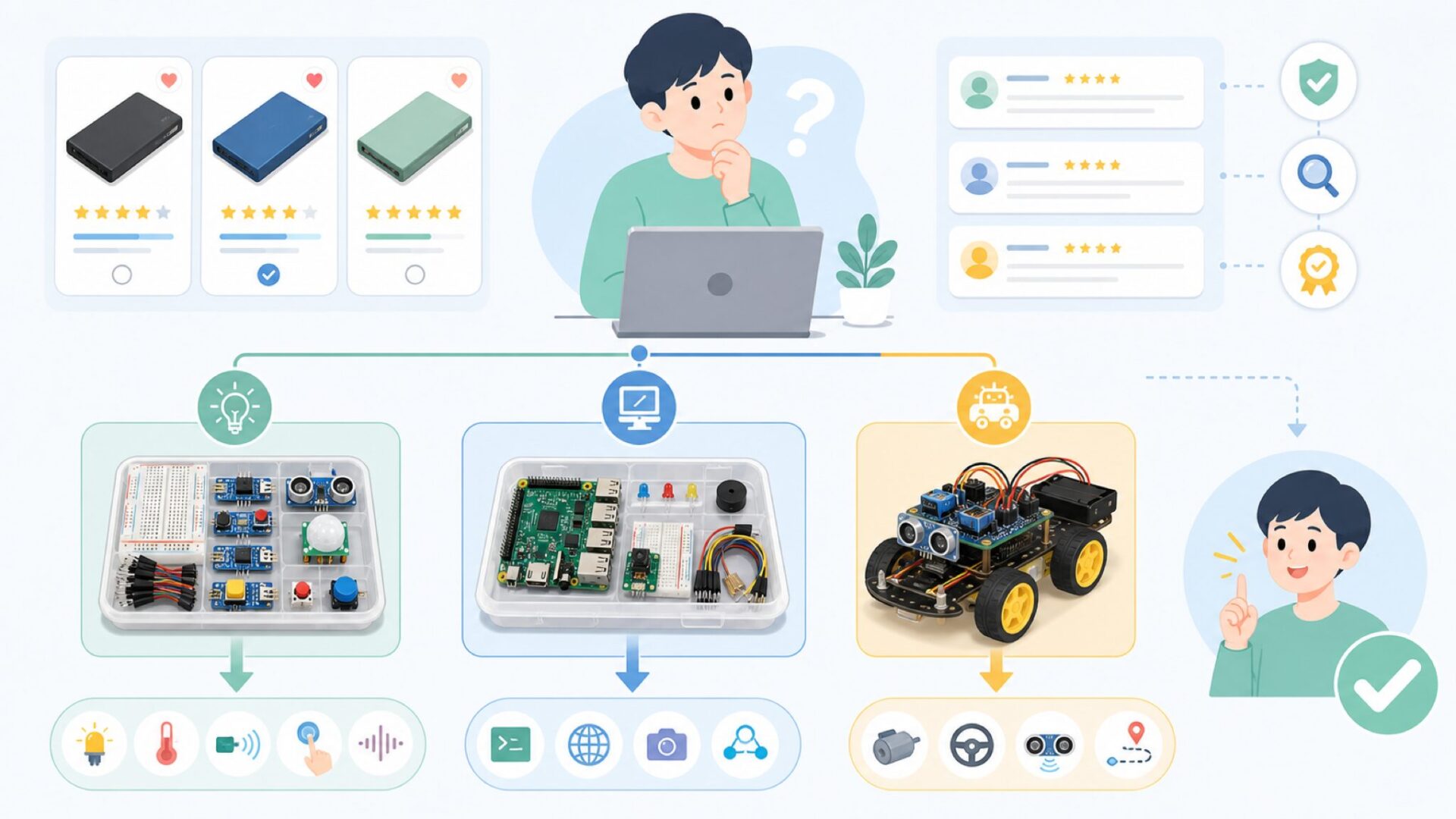 目的別に見るSunFounder製品の選び方を表すイラスト
