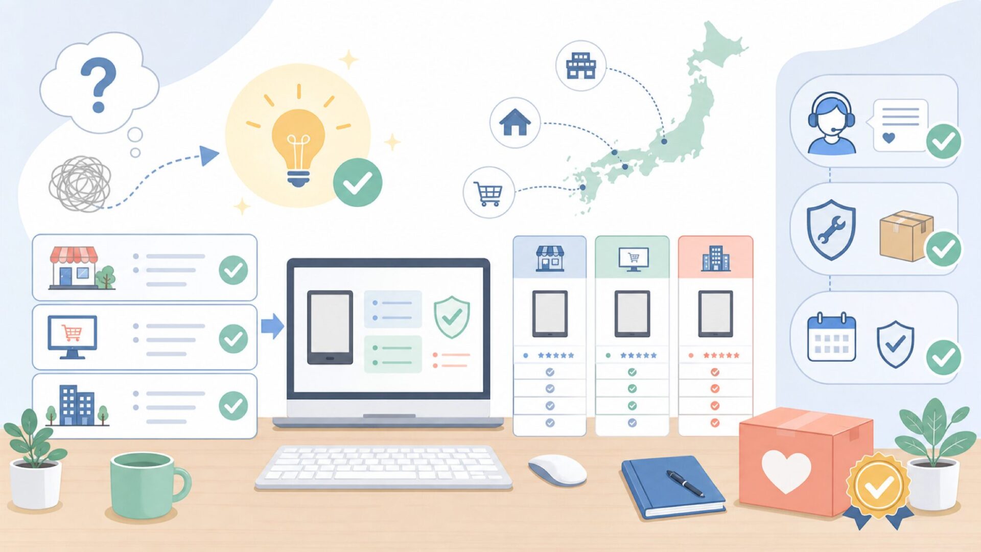 日本での購入ルートとサポート体制を整理するを表すイラスト