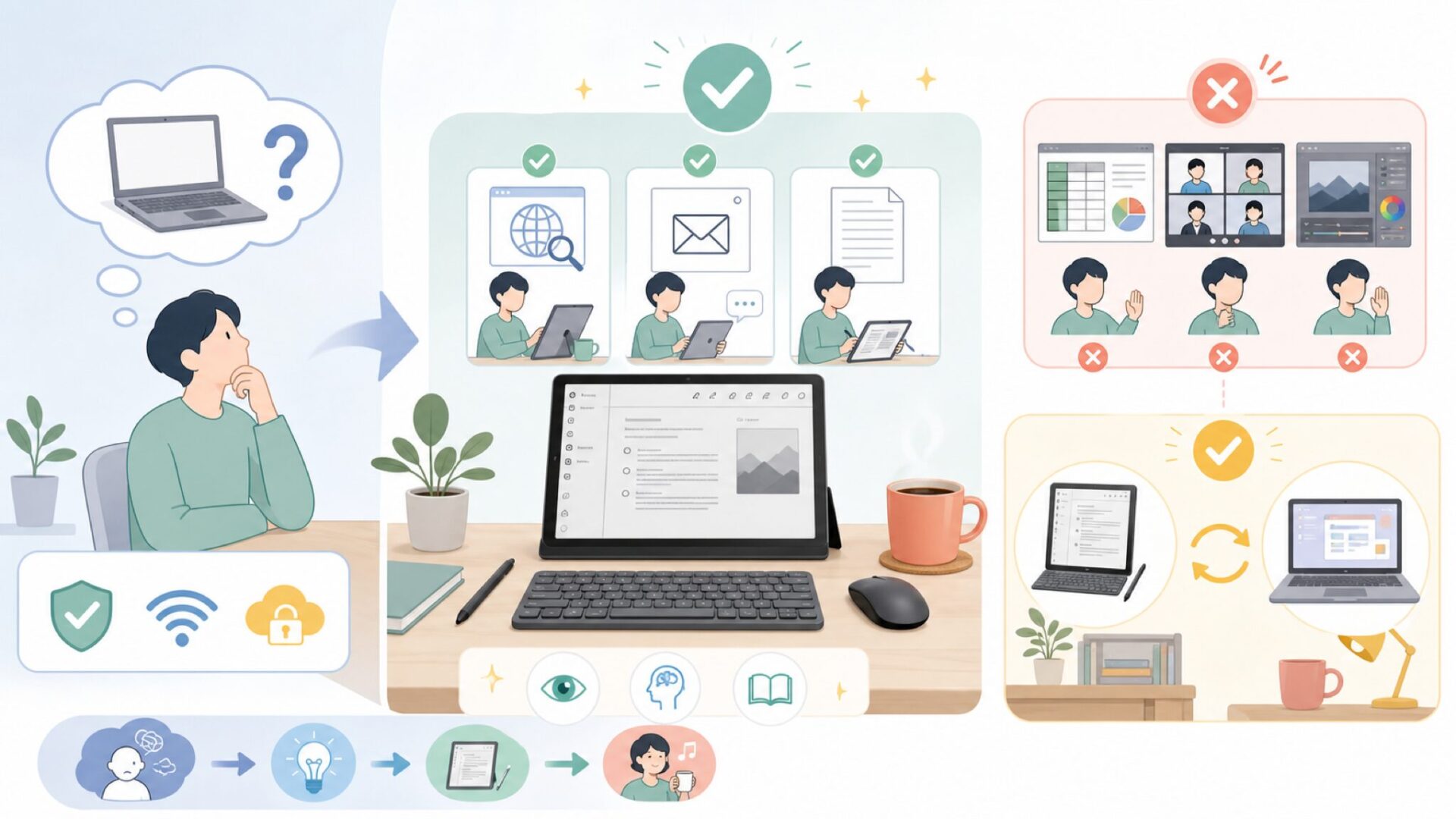 ONYX BOOXはPCの代わりになるのかという疑問を表すイラスト