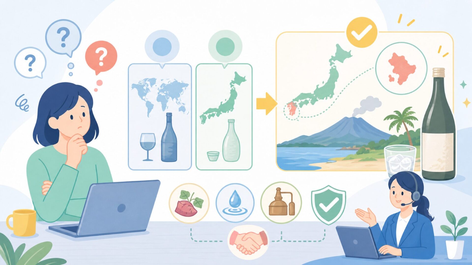 EVESKYはどこの国のお酒か - 答えは日本・鹿児島県指宿市を表すイラスト