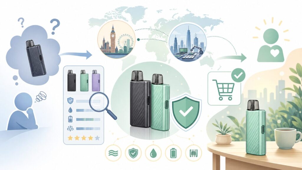 GOTEKはどこの国の電子タバコ？製造国・ブランドの素性と品質を徹底解説の要点を表すイラスト