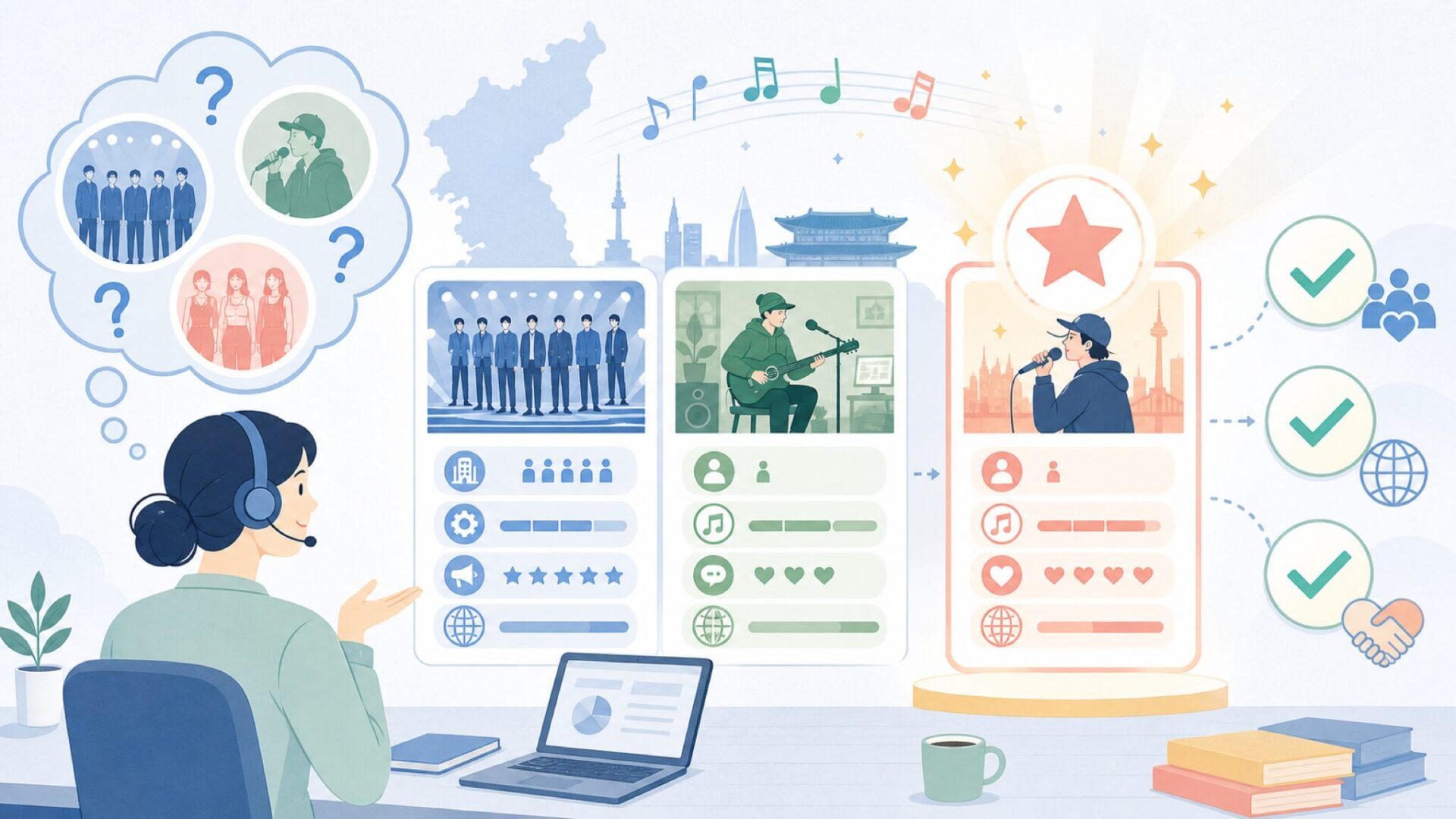 韓国の音楽シーンにおけるLUCKY STARの立ち位置を表すイラスト