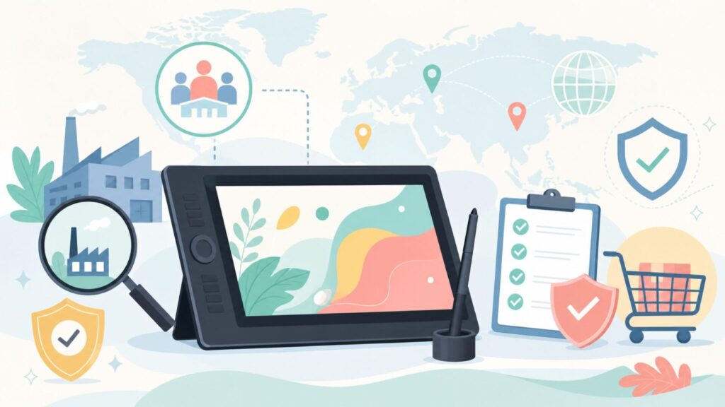 XP-PEN PCはどこの国？親会社Ugee・品質・安全性を調べてわかったことの要点を表すイラスト