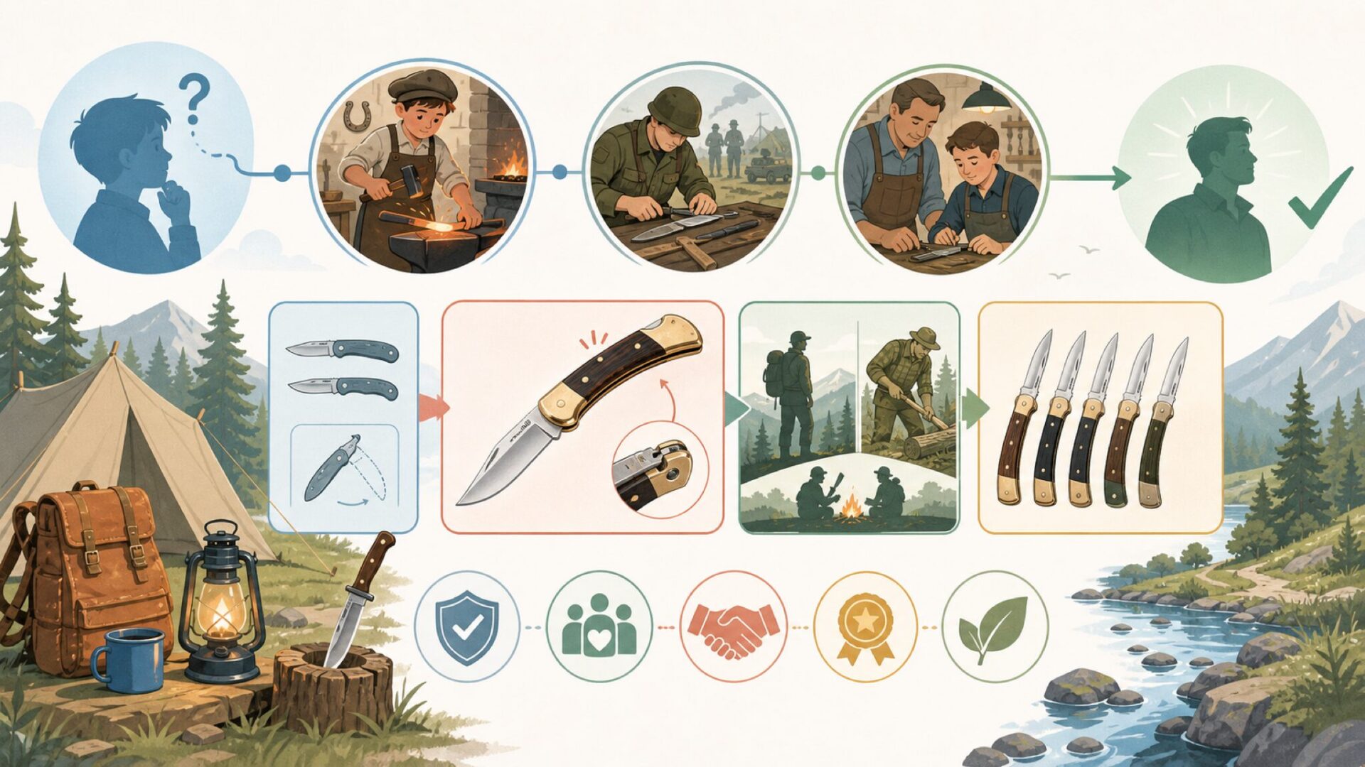 創業120年の歴史:Buck Knivesはいつどこで生まれたのかを表すイラスト