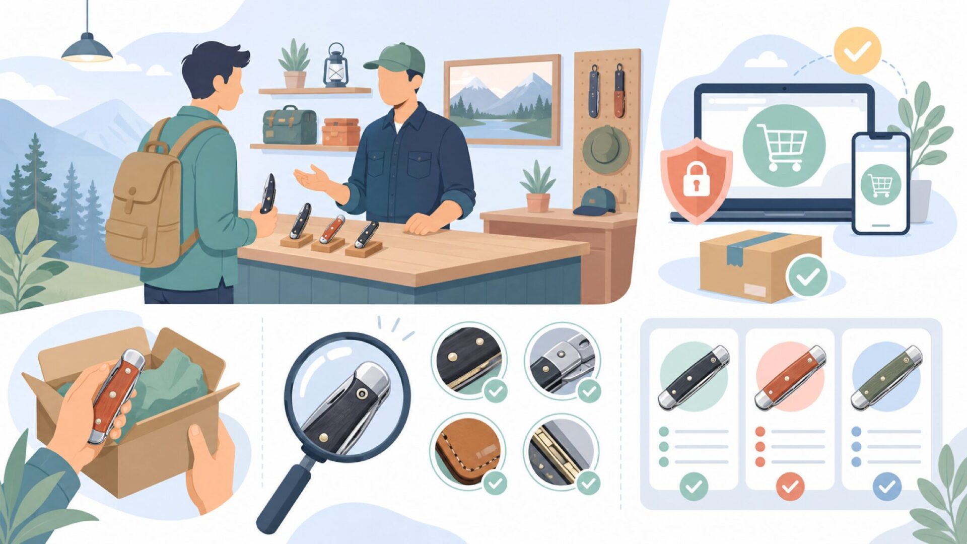 Buck Knivesの入手方法と購入時の注意点を表すイラスト