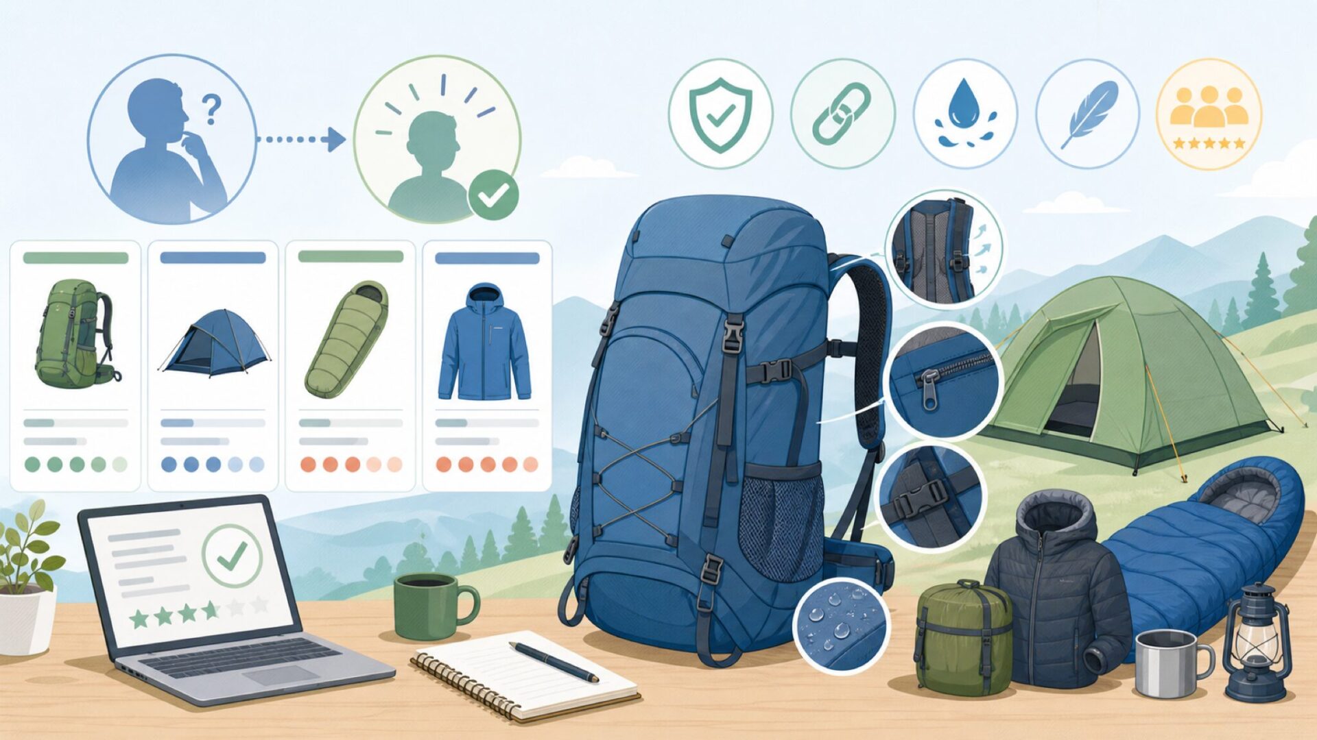 Highlander Outdoorの製品ラインナップと特徴を表すイラスト