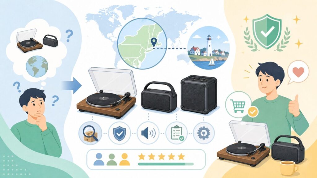 ION Audioはどこの国のメーカー？アメリカブランドの実態と品質を徹底解説の要点を表すイラスト
