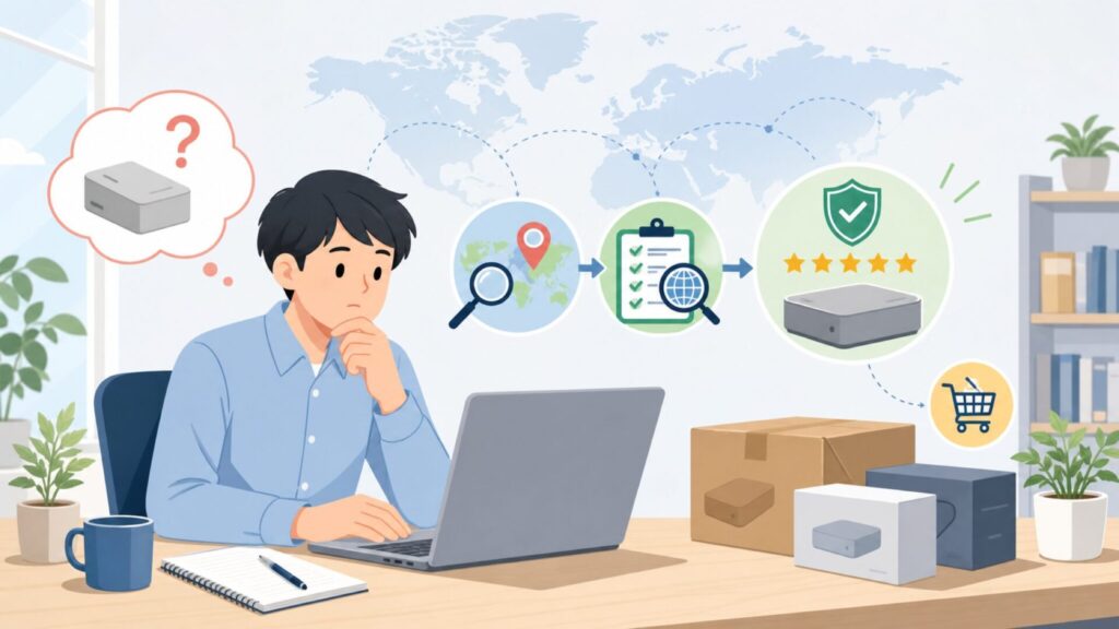 Acclamatorはどこの国のブランド？中国・深セン発の実態と評判を徹底調査の要点を表すイラスト
