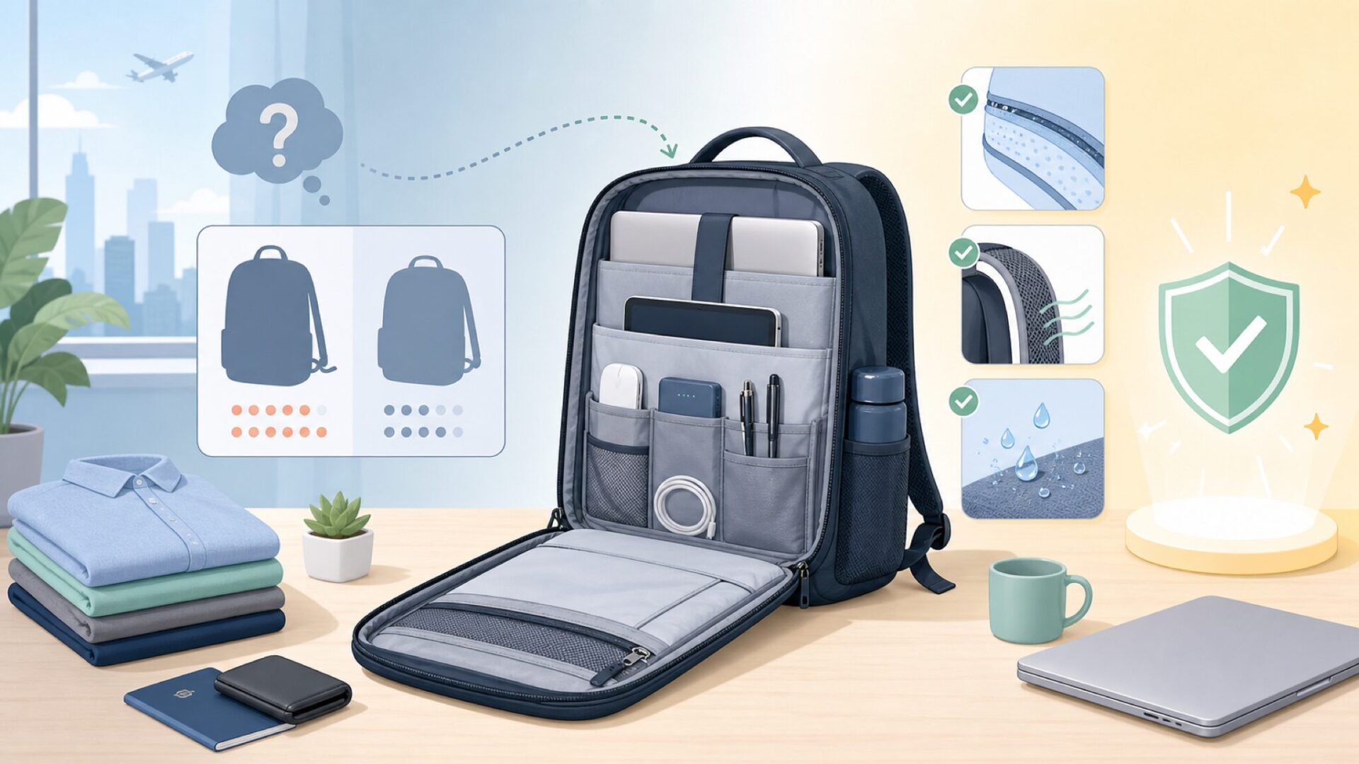 CoolBELLビジネスリュックの機能性——通勤・出張に本当に使えるかを表すイラスト