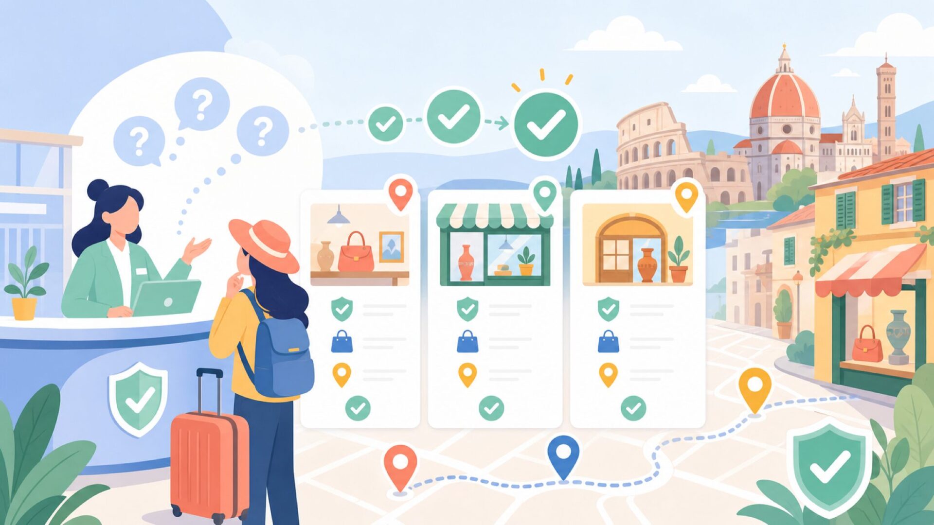 イタリア旅行中にCarpisaを買える場所——ローマ・フィレンツェの店舗ガイドを表すイラスト