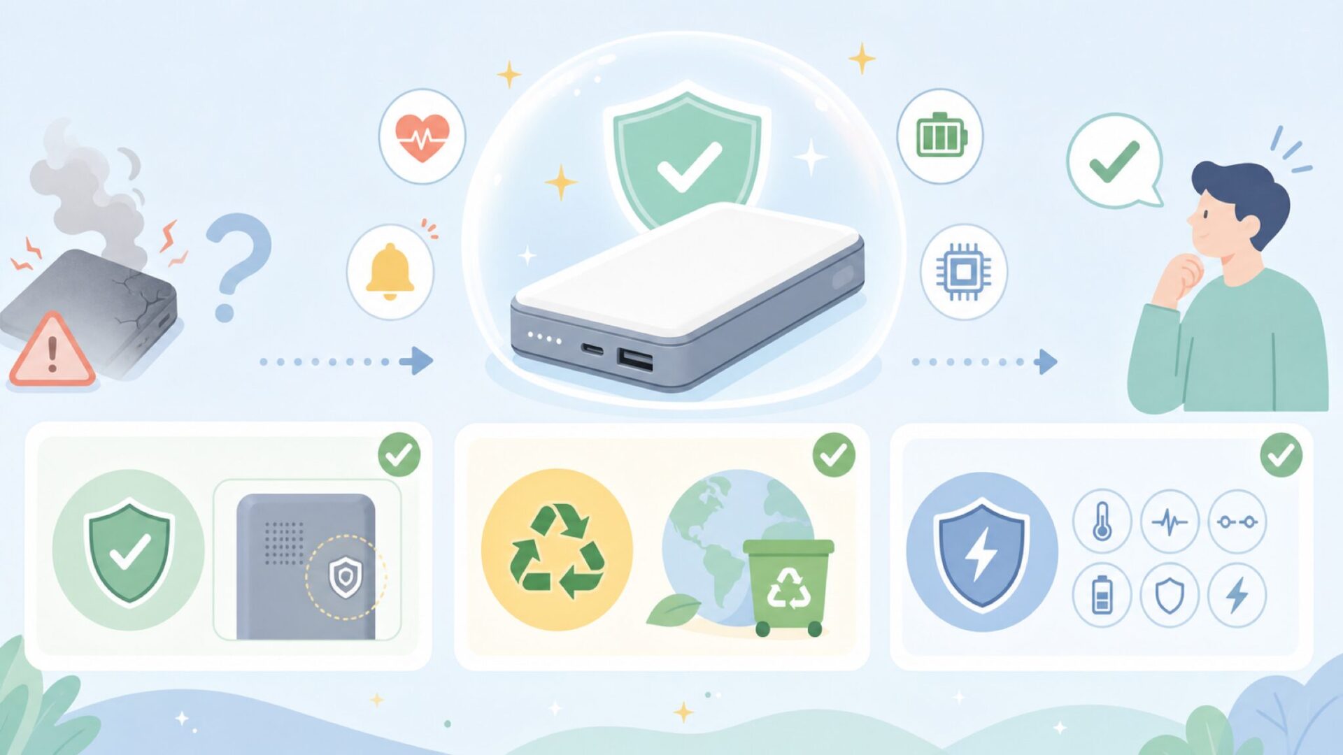 モバイルバッテリーの安全性を確認する3つのポイントを表すイラスト