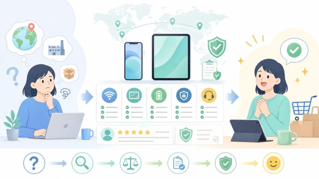 JETech どこの国？中国系メーカーの実態と買って大丈夫な理由を解説の要点を表すイラスト