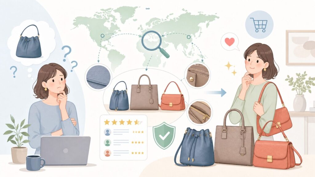 Isweeはどこの国のブランド？中国製レザーバッグの品質・評判を徹底解説の要点を表すイラスト
