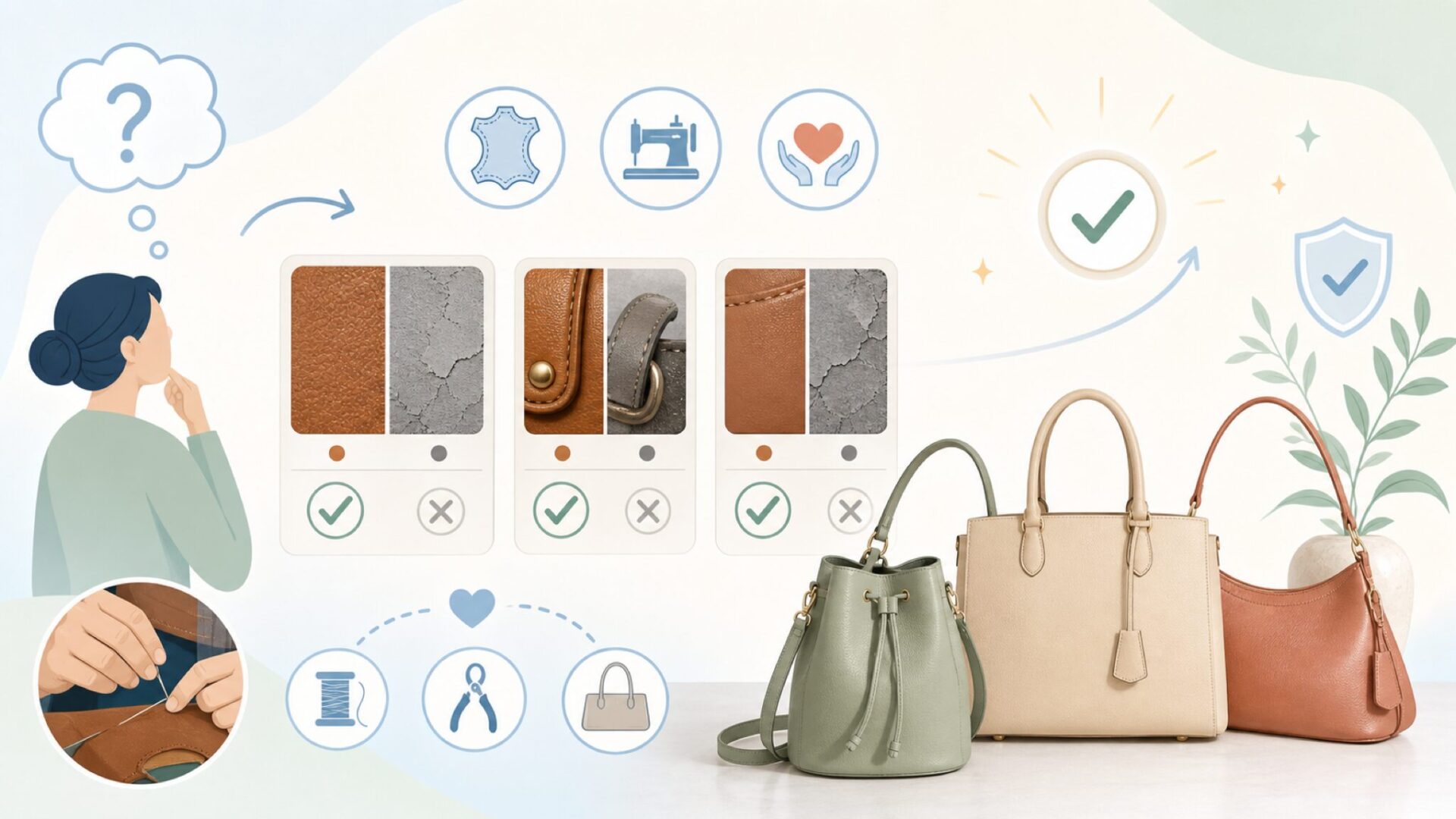 日本製本革としてのIMAI BAGの品質を確認するを表すイラスト