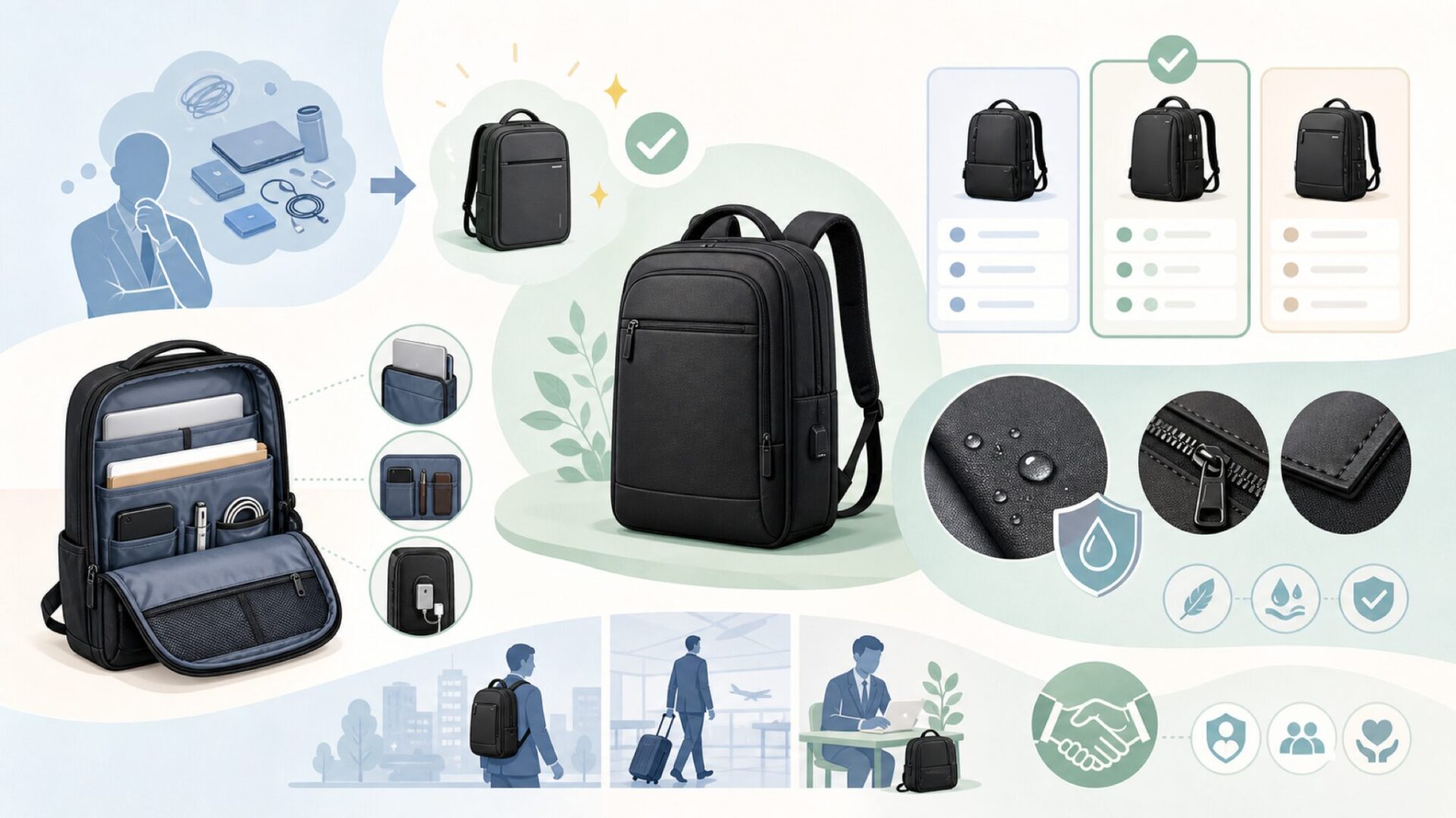 主力製品の実力——ビジネスリュック編を表すイラスト
