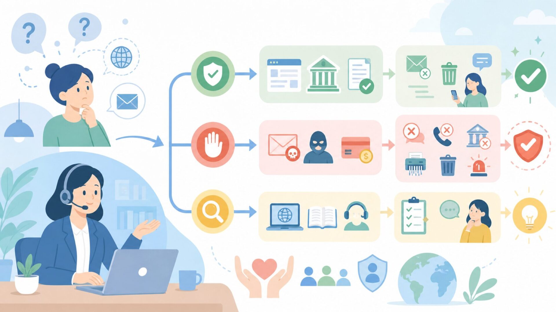 「Global Japan」から連絡が来たときの対処フローを表すイラスト