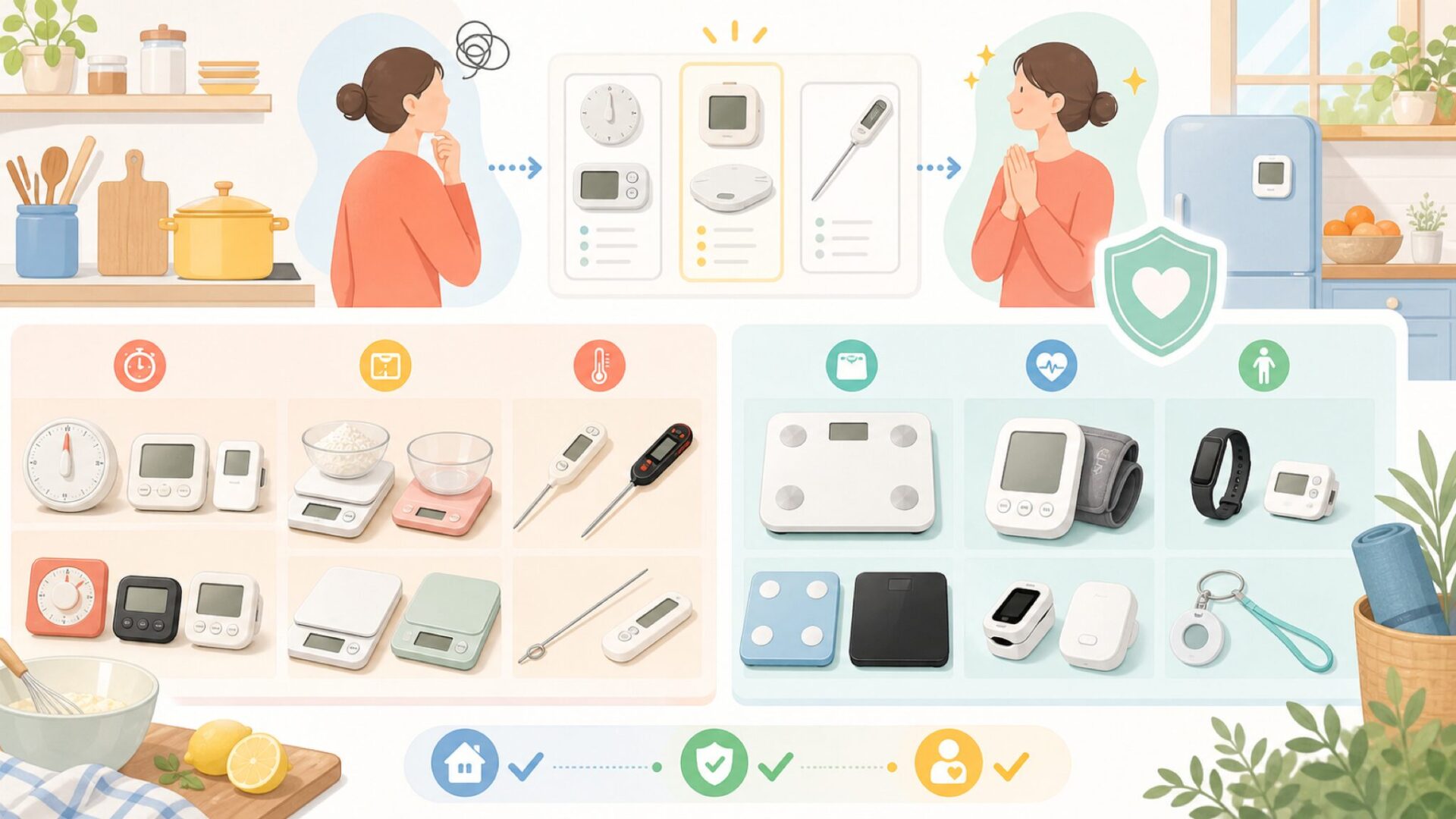 ドリテックの人気製品ラインナップ——キッチンから健康管理までを表すイラスト