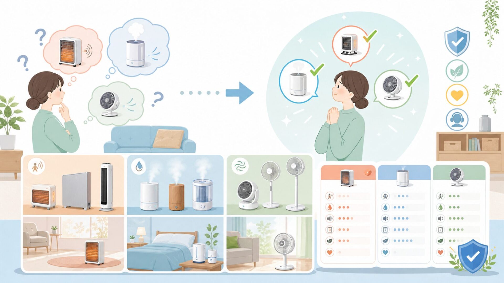 スリーアップの製品ラインナップ——ヒーター・加湿器・扇風機で選ぶを表すイラスト
