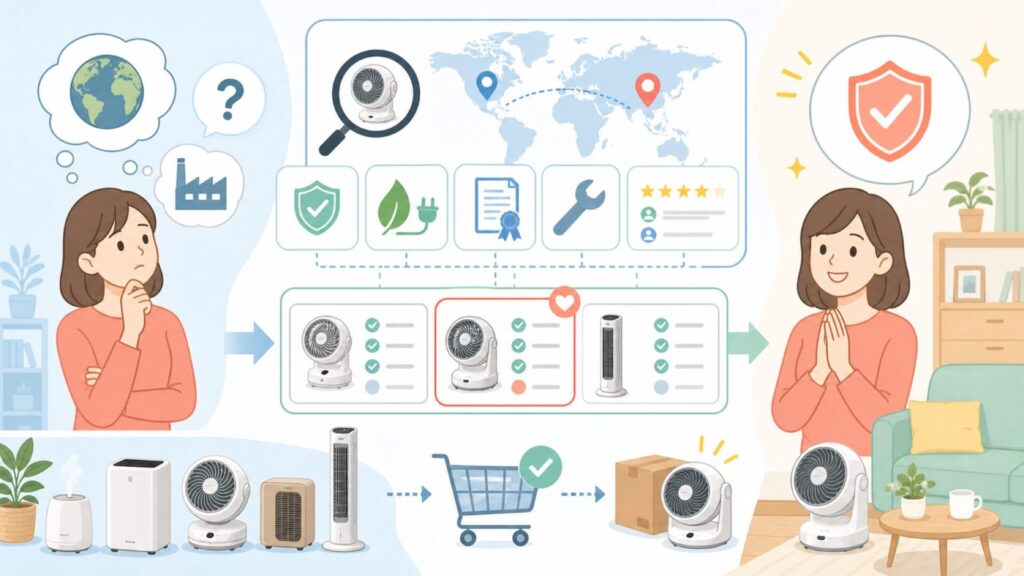 スリーアップはどこの国のブランド？日本企業か中国製かを徹底解説の要点を表すイラスト