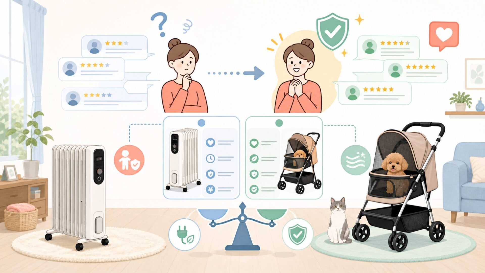 実際に使った人の声——オイルヒーター・ペットカートの口コミを表すイラスト