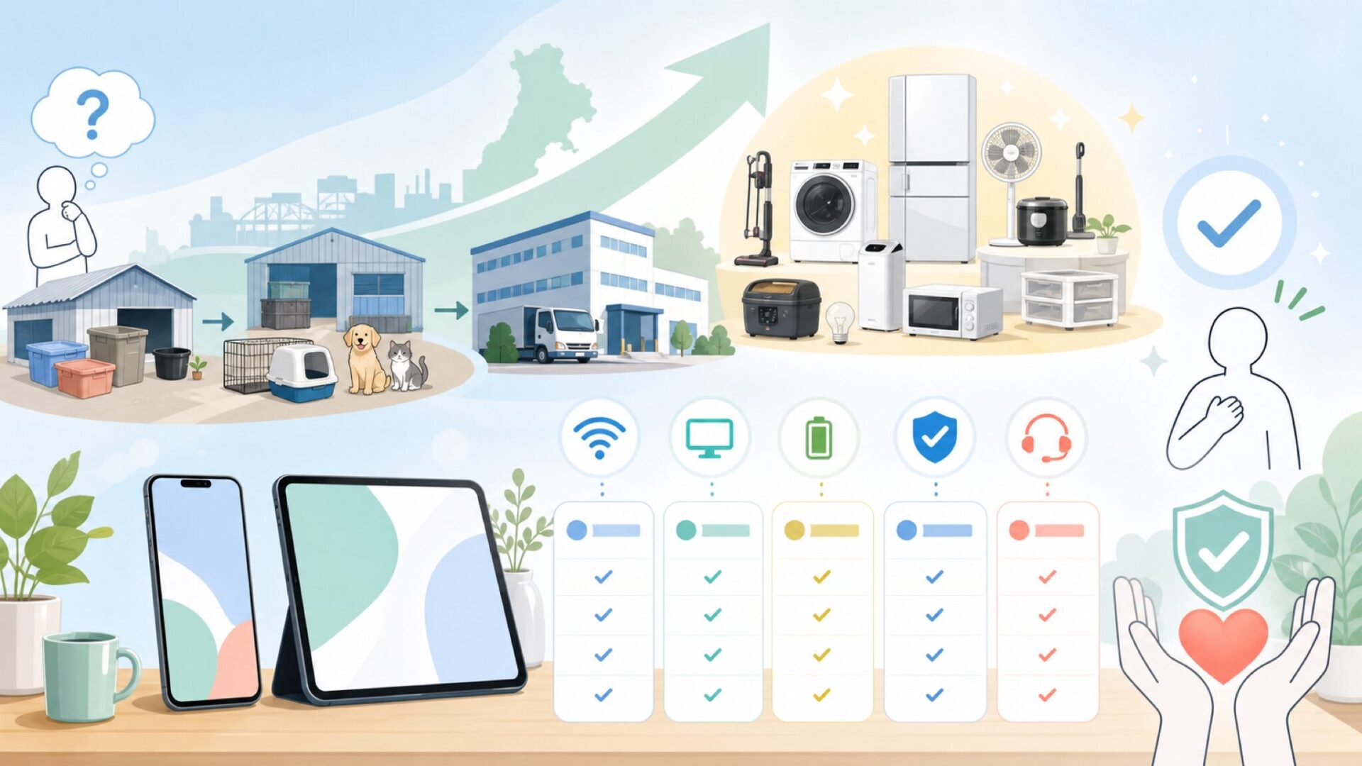 アイリスオーヤマとはどんな会社か——プラスチック箱から家電帝国への道を表すイラスト