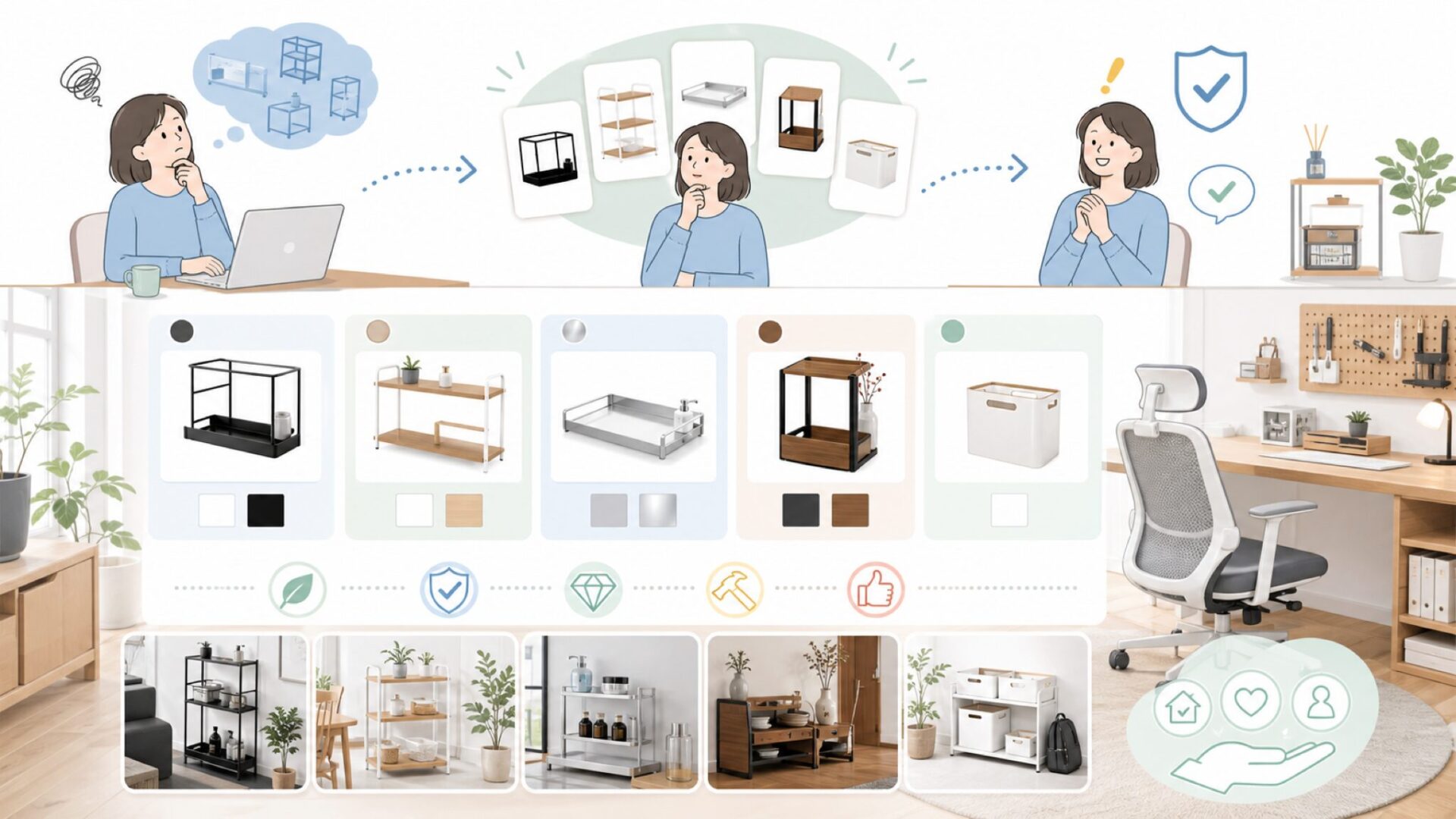 tosca・plate・RINなど山崎実業の主要ブランドを一覧で把握するを表すイラスト