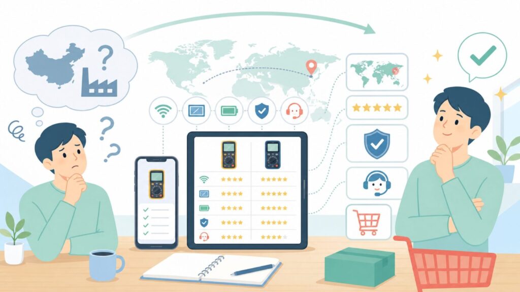 KAIWEETSはどこの国？中国深圳の計測器メーカーを徹底解説の要点を表すイラスト