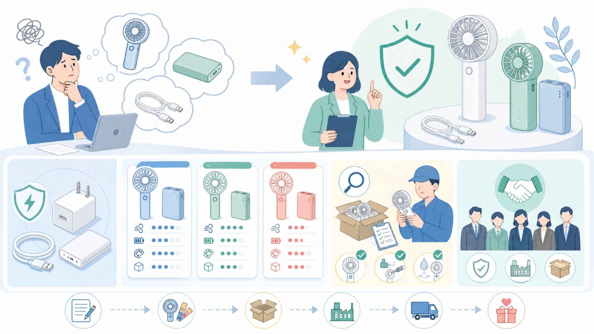 ハンディファンのOEMメーカーとして利用する場合の注意点を表すイラスト