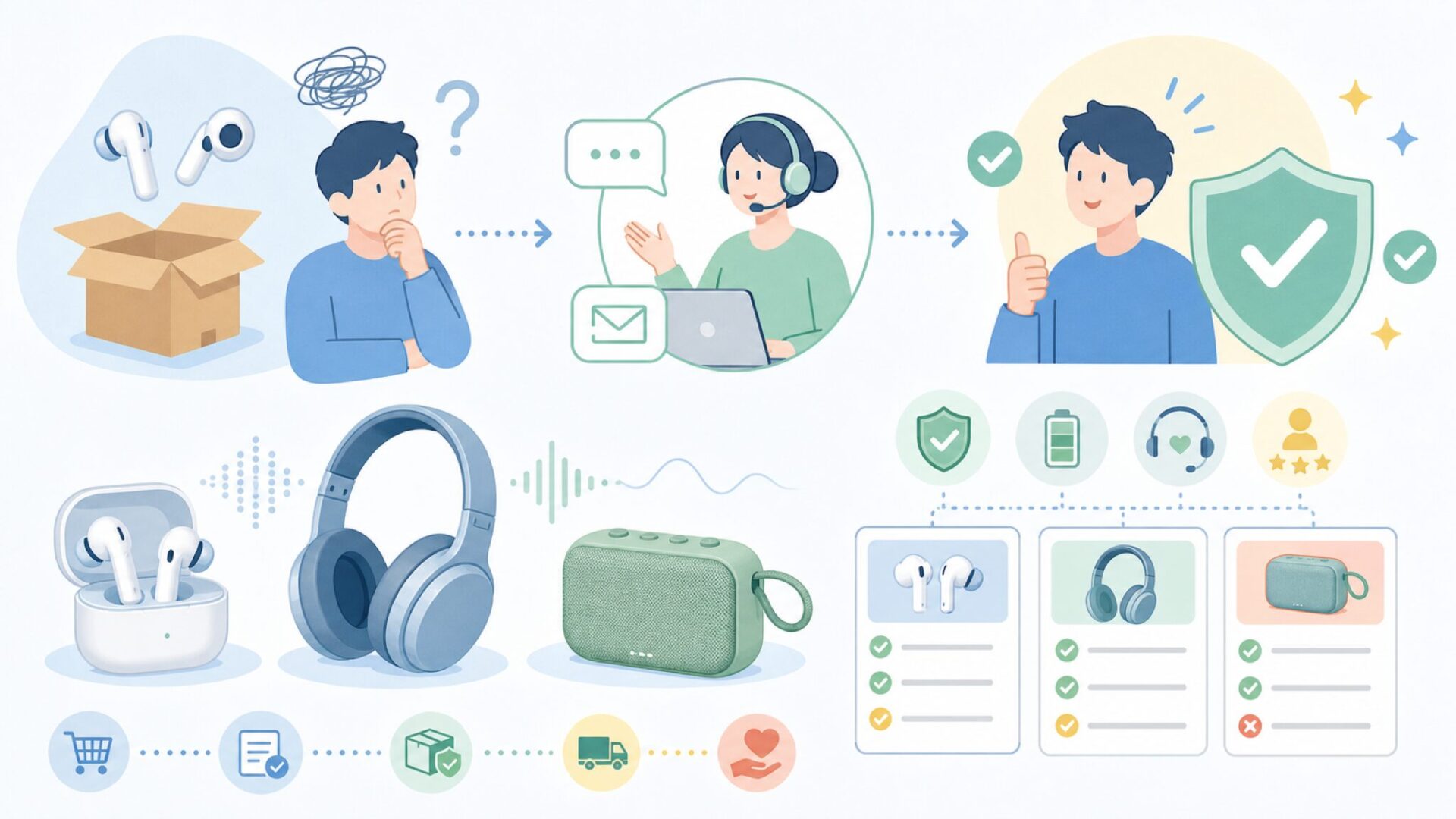 KASOTTのアフターサポートは使えるのか——保証・問い合わせの実態を表すイラスト